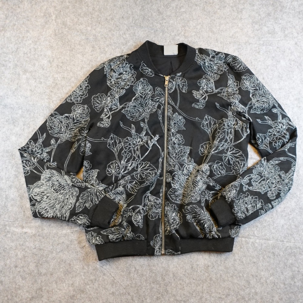 Vero Moda Jacket Womens Medium Black Floral Electra Full Zip Ribbed Bomber Coat